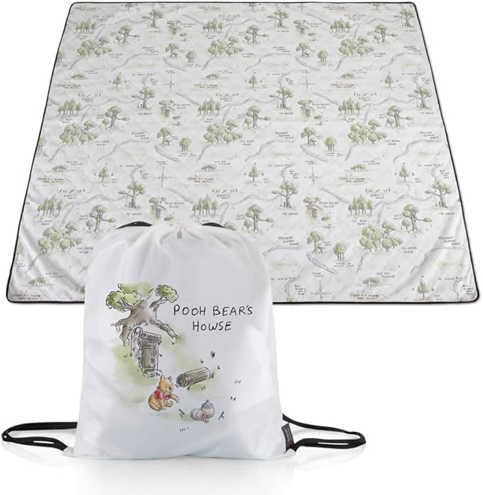 Picnic TIME Disney Winnie the Pooh Impresa Picnic Blanket Lightweight Folding Beach Blanket with Carry Backpack Machine Washable Water Resistant Fleece Picnic Mat (Black and White)