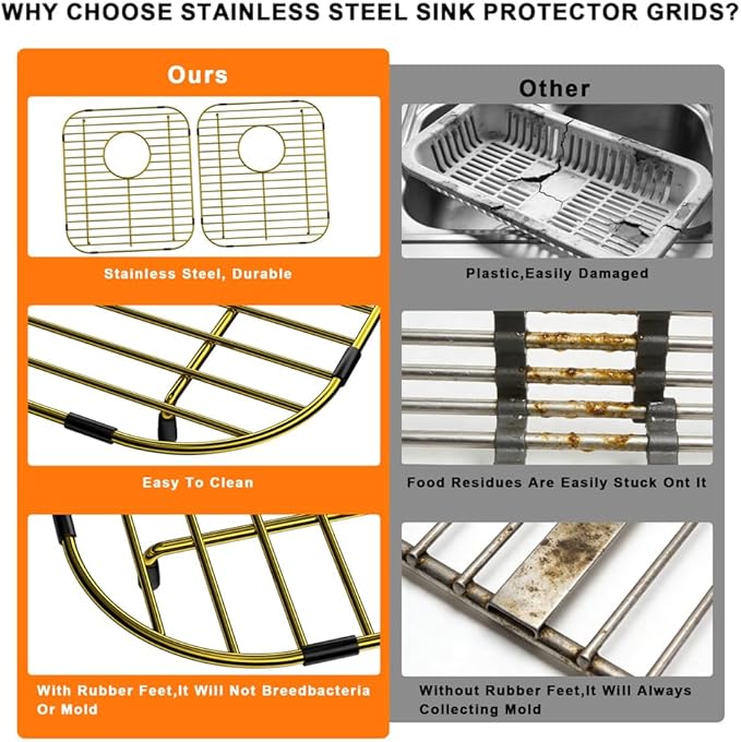 Kitchen Sink Grid Gold Sink Protector Stainless Steel Sink Grid with Center Drain 13.7L X 11.6W Sink Bottom Grid for Sink Bowl