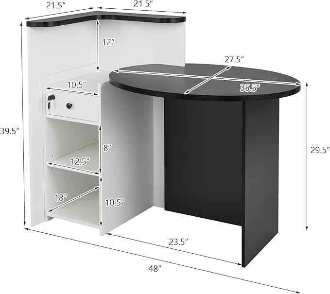 Reception Desk Front Desk Reception Counter with Oval Desktop Open Shelf &amp Lockable Drawer Small Retail Checkout Counter Table Wood Computer Workstation for Home Office Lobby &amp Salon