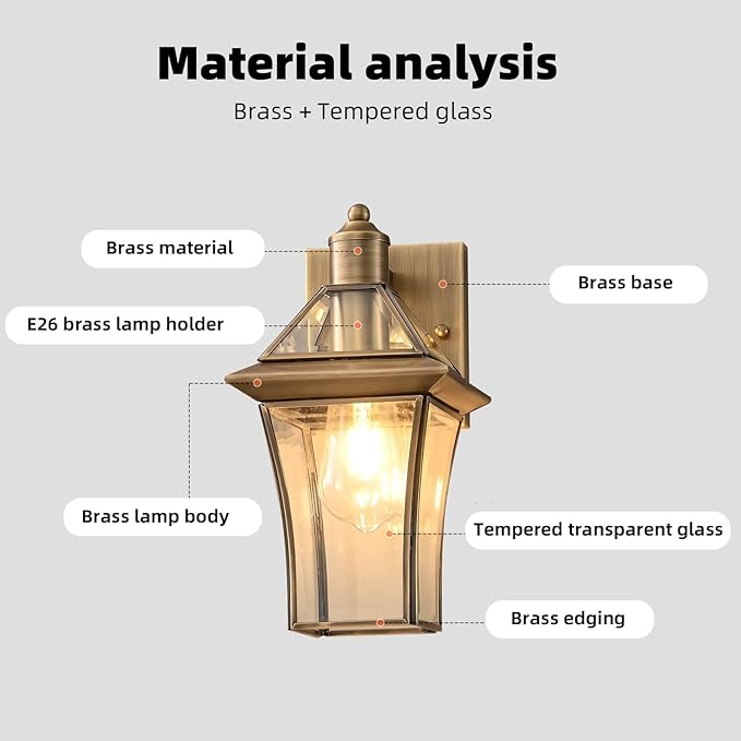Waterproof Brass Outdoor Wall Lanterns (2-Pack) - E26 Socket &amp Glass Shade Exterior Wall-Mounted Lights Rustproof Modern Sconces for Front Door Porch Yard &amp Entryway