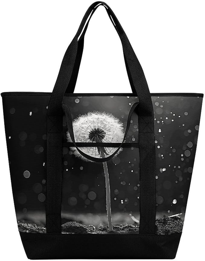 Insulated Shopping BagLarge Reusable Cooler Bags Dandelion Black And White Printed Foldable Shopping BagTravel Waterproof Shoulder Bag