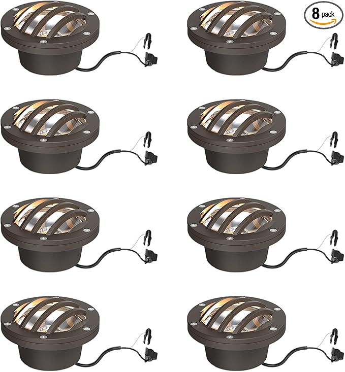 GOODSMANN Low Voltage Landscape Lighting LED Well Lights 4W 12V 200 Lumens In-Ground Light 2800K Warm White with Cable Connector Brown Aluminum Housing Outdoor Lights 8PK for Deck Step Garden Light