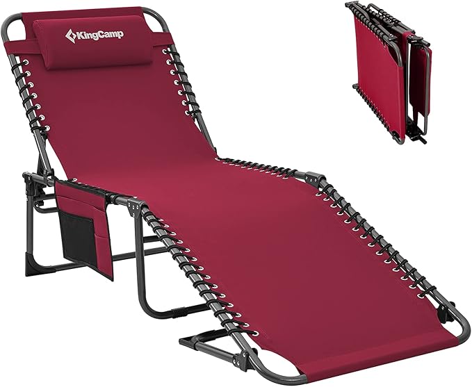 KingCamp Lounge Chair Outdoor Folding Portable Tanning Chairs Comfy Adjustable 5-Position Lay Flat Foldable Chaise Chaser Lounger with Pillow for Outside Beach Patio Sun Bathing Backyard Pool Wine