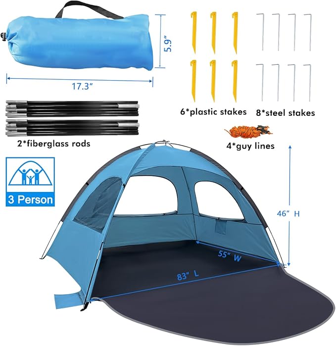 WhiteFang Beach Tent Anti-UV Portable Sun Shade Shelter for 3 Person Extendable Floor with 3 Ventilating Mesh Windows Plus Carrying Bag Stakes and Guy Lines (Blue)