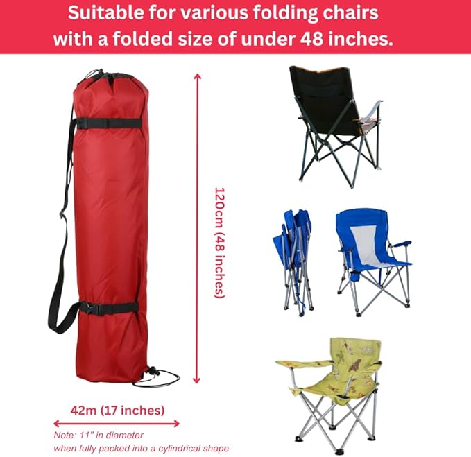 Heavy Duty Camping Chair Replacement Bag with Side Pocket Camp Cover Bags for Carrying Folding Chairs - 48 X 11 Inches Durable 600D Oxford Fabric Extra Wide Mouth Adjustable Strap for Carry (Red)