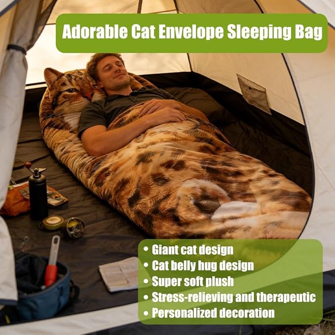 Adult Soft Sleeping Bag – Plush Cat Envelope Sleeping Bag for Camping Sleepovers &amp Home Lounging Washable Warm Blanket 68.9x31.5