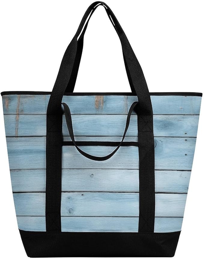 Insulated Shopping BagLarge Reusable Cooler Bags Blue Wood Printed Foldable Shopping BagTravel Waterproof Shoulder Bag