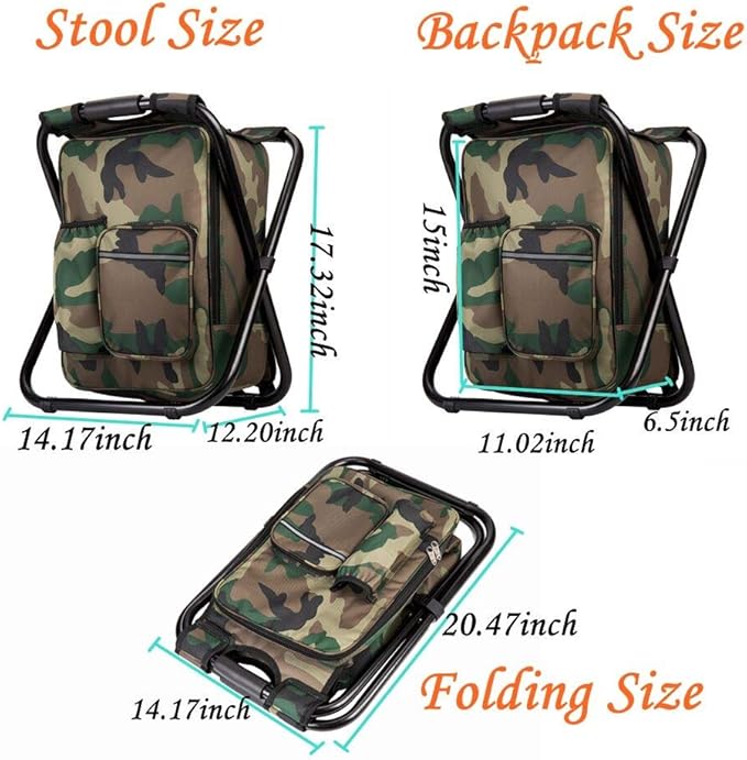 Bright starl Upgraded Large Size 3 in1 Multifunction Fishing Backpack Chair Portable Hiking Camouflage Camping Stool Folding Cooler Insulated Picnic Bag Backpack Stool