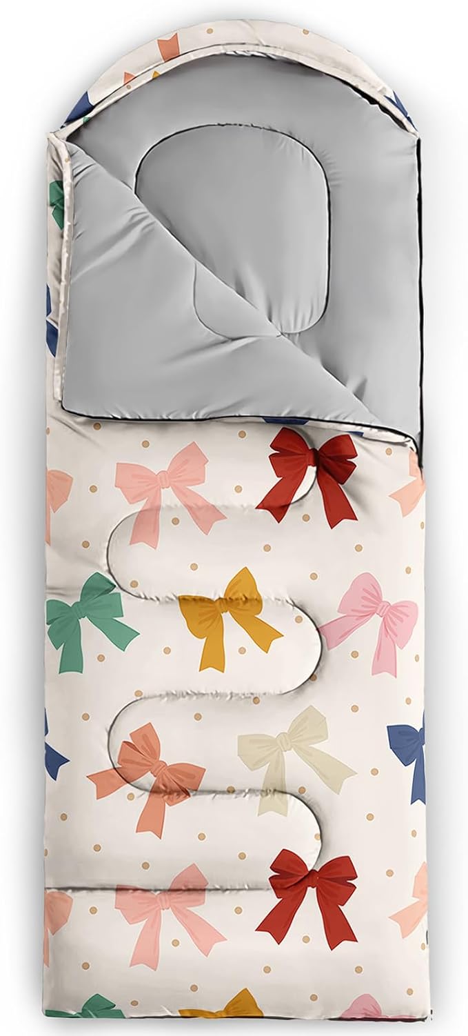 Colorful Bow Sleeping Bag 3 Season Warm Cool Weather Hand Drawn Bow Camping Sleeping Bag for Adult Cute Bowknot Camping Backpacking for Outdoor Traveling Hiking Hunting Gear Equipment