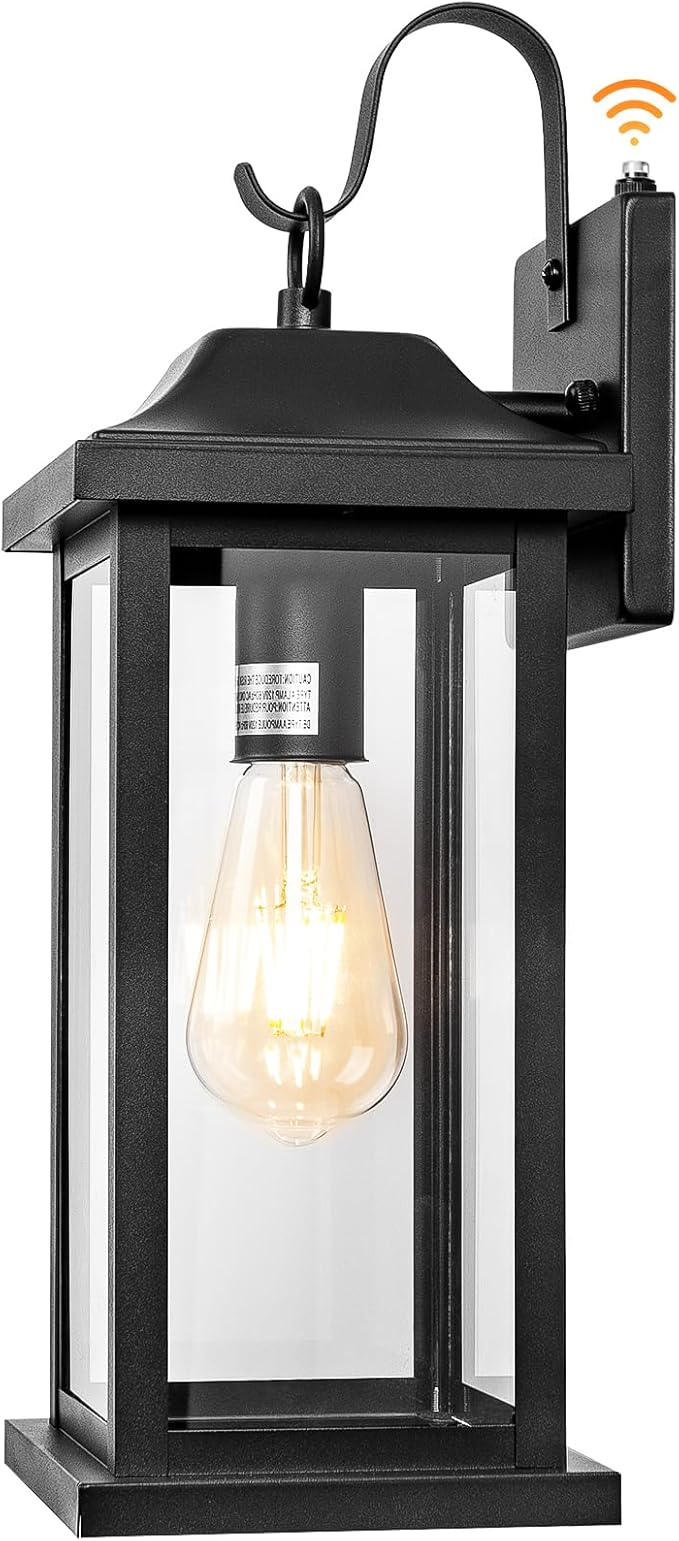 Dusk to Dawn Large Outdoor Wall Light 17 Inch Exterior Light Fixture Porch Light with Tempered Clear Glass IP65 Waterproof Anti-Rust Outside Wall Sconce Matte Black Wall Lantern 1-Pack