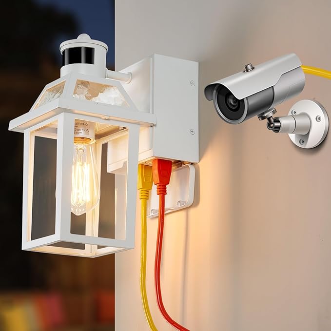 Yisuro Porch Lights with GFCI Outlet Dusk to Dawn Motion Sensor Outdoor 3 Lighting Modes Exterior Light Fixture Outside for House Front Door Patio Garage(White)