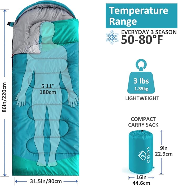 oaskys Camping Sleeping Bag - 3 Season Warm &amp Cool Weather - Summer Spring Fall Lightweight Waterproof for Adults Kids - Camping Gear Equipment Traveling and Outdoors