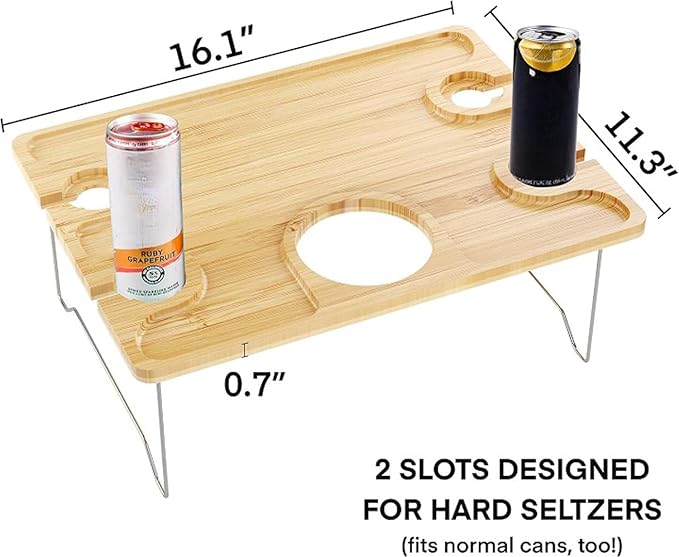 eBigValue Portable Bamboo Picnic Table with Wine Glass &amp Bottle Holder – Folding Snack Tray for 4 Outdoor Camping Beach Travel