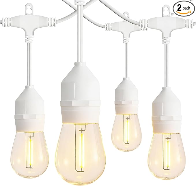 Banord White Outdoor String Lights Commercial Grade Patio Lights with 30 1W S14 Dimmable Shatterproof LED Bulbs Heavy Duty Hanging Lights for Outdoor Waterproof String Lights 96ft (2x48ft)