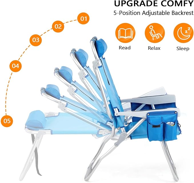 VINGLI Backpack Beach Chair 2 Pack with 5-Position Cup Holders Cooler Bag Towel Bar Lightweight Folding Beach Camping Chairs for Adults(Blue-13)