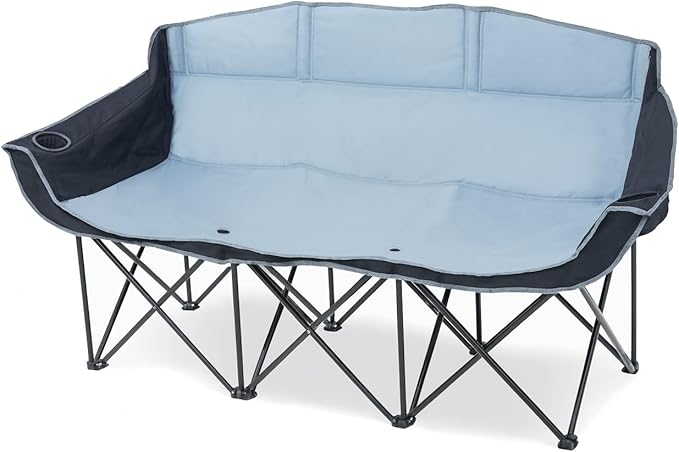GoTEAM! Portable Folding Bench Couch – 3 Seat Collapsible Outdoor Chair with Cup Holders &amp Carry Bag – Heavy Duty 600D Nylon for Camping Sports Tailgating Beach &amp Backyard (Black/Gray)