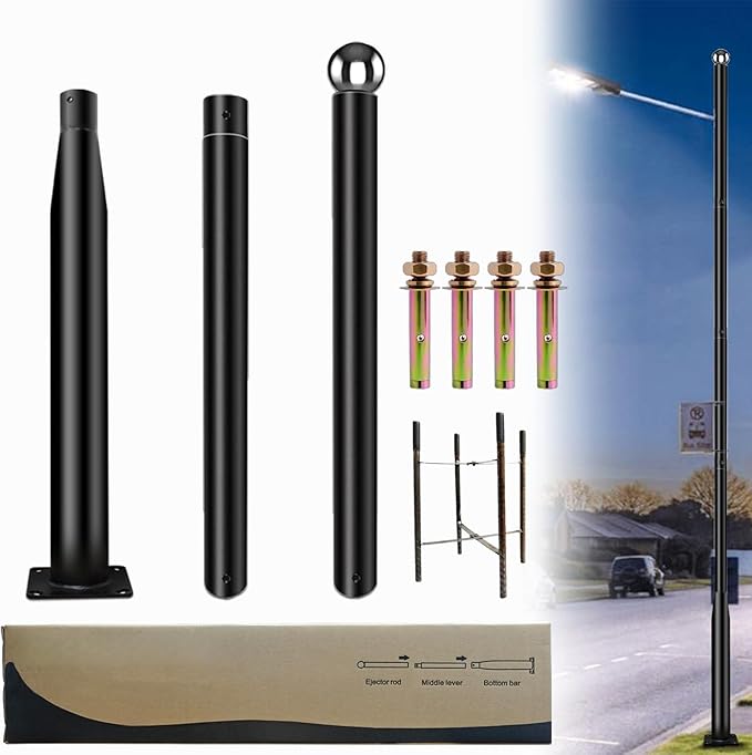 Street Light Pole 10 Ft Tall - Outdoor Adjustable Heavy Duty Metal Street Lamp Post for Outside Solar Street Lights with Mounting Rebar Cage Base for BackyardParking LotWalkway