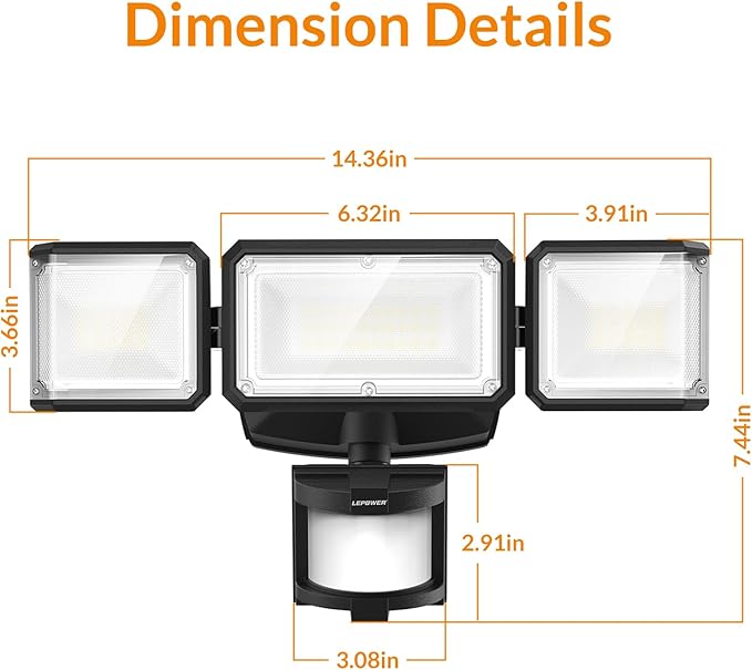 LEPOWER Battery Powered LED Flood Light Outdoor1500LM Motion Sensor Security Lights IP65 WaterproofWireless Flood Light Battery Operated3 Head Motion Detector Light for GarageYardPorch(Black)