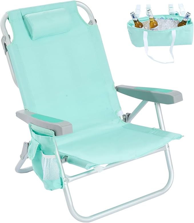 SUNNYFEEL Low Beach Chairs for Adults 5 Position Lay Flat Portable Folding Backpack Beach Chair Heavy Duty with Cooler Bag Cup Holder for Outdoor/Lawn/Picnic/Sand Foldable Camping Chair