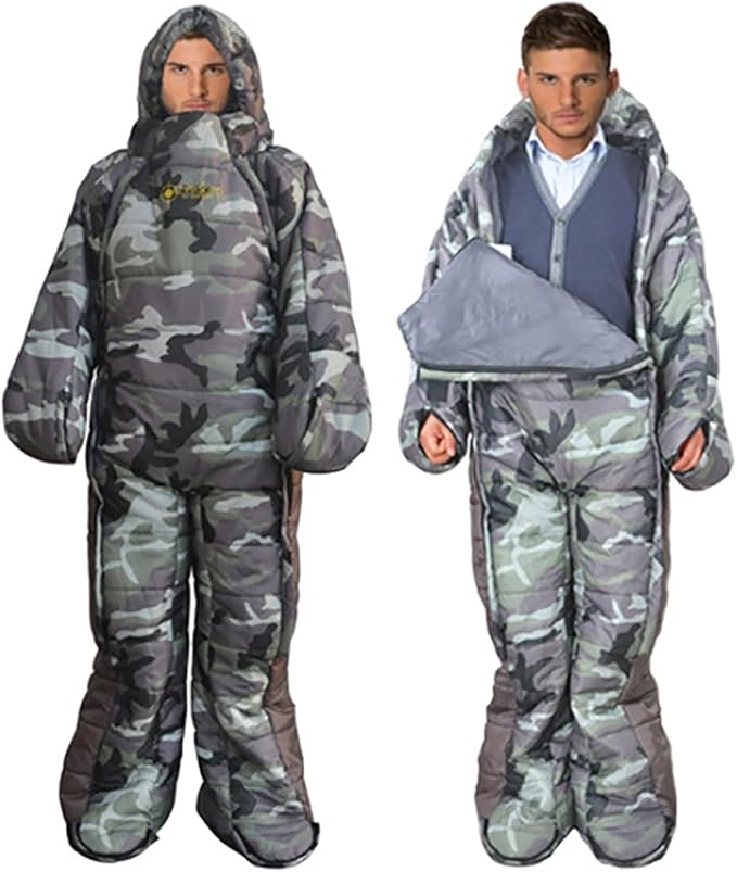 72 Large Wearable Human Sleeping Bag Zipped Foot Opening Design Free Size Ultralight Hoodie Quilted Warm Thermal Coat for Adults Winter or Outdoor 4 Season Camping