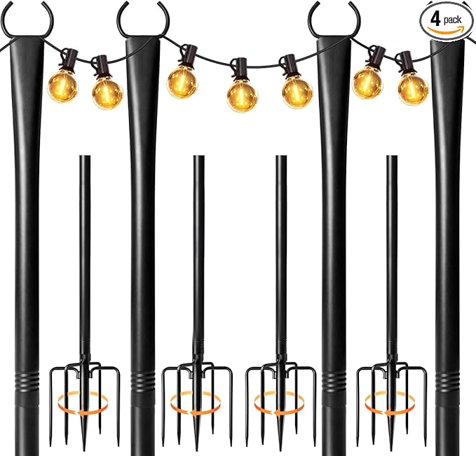4 Pack String Light Poles for Outside Upgraded Heavy-Duty Metal Light Poles for Outdoor String Lights with Fork Adjustable Lighting Accessories for Patio Decor Backyard Pergola Garden Decorations
