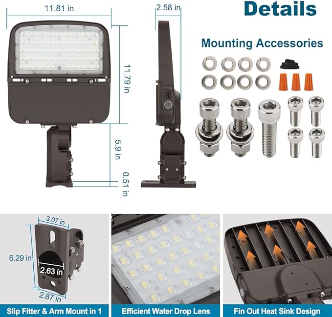 150W LED Parking Lot Light with Photocell Outdoor Dimmable LED Pole Lights with Slip Fitter &amp Arm Mount in 1 22500LM 5000K 100-277V IP65 150W/100W/80W Power Tunable ETL