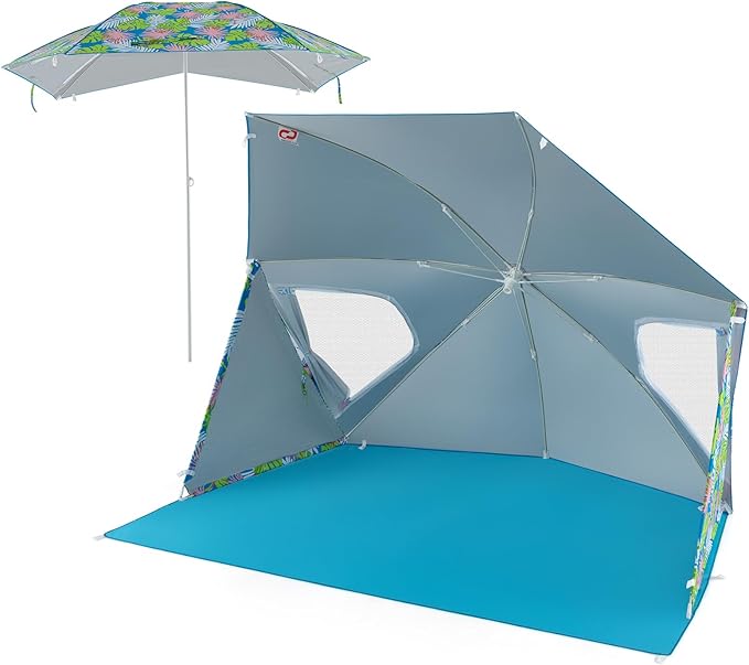 Goplus Convertible Beach Tent for 2-4 People 2-in-1 Sun Umbrella with Roll-Up Windows Dual Side Flaps Groundsheet &amp Carry Bag UPF 50+ Beach Shade Shelter for Camping Picnic &amp Sports Event