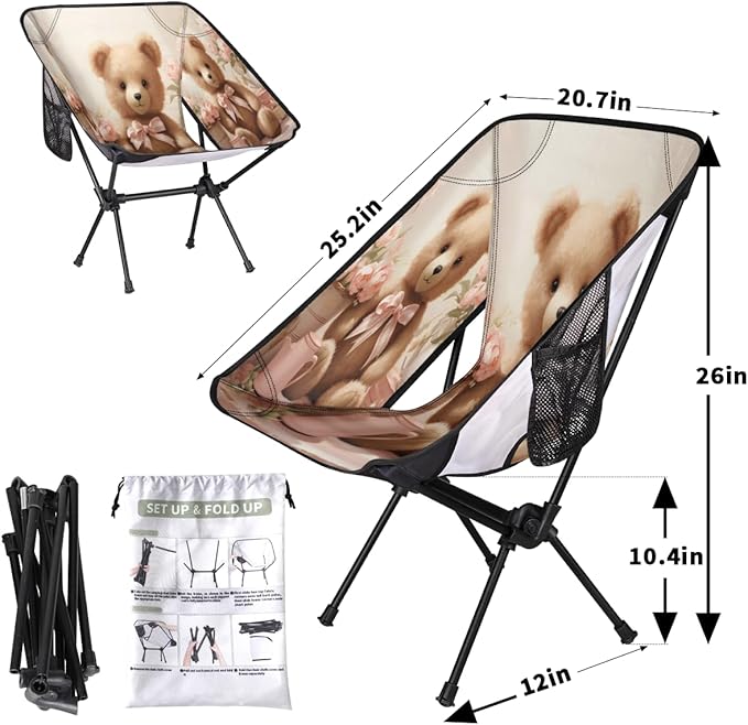 Bear Pattern Camping Chair Lightweight Portable Chairs for Adults Easy Installation Outdoor Foldable Camping Chair for Camping Fishing Hiking Picnic Beach