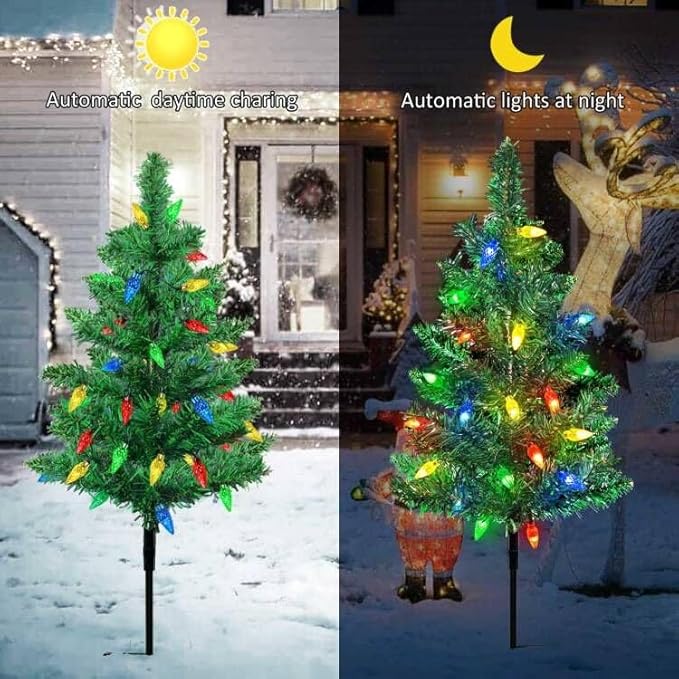 Upgraded 4-Pack Solar Christmas Garden Stake Lights Decorative Xmas Tree Solar Christmas Yard Stake Outdoor Waterproof Pathway Lights for Garden Patio Yard Decorations