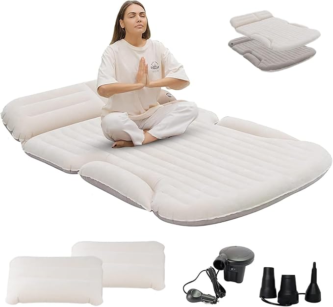 KMZ SUV Air Mattress Thickened and Double-Sided Flocking Travel Camping Bed with 2 Pillows &amp Electric Pump Dedicated Mobile Cushion Inflatable Bed for SUV Trunk and Rear Seat (Beige and Coffee)