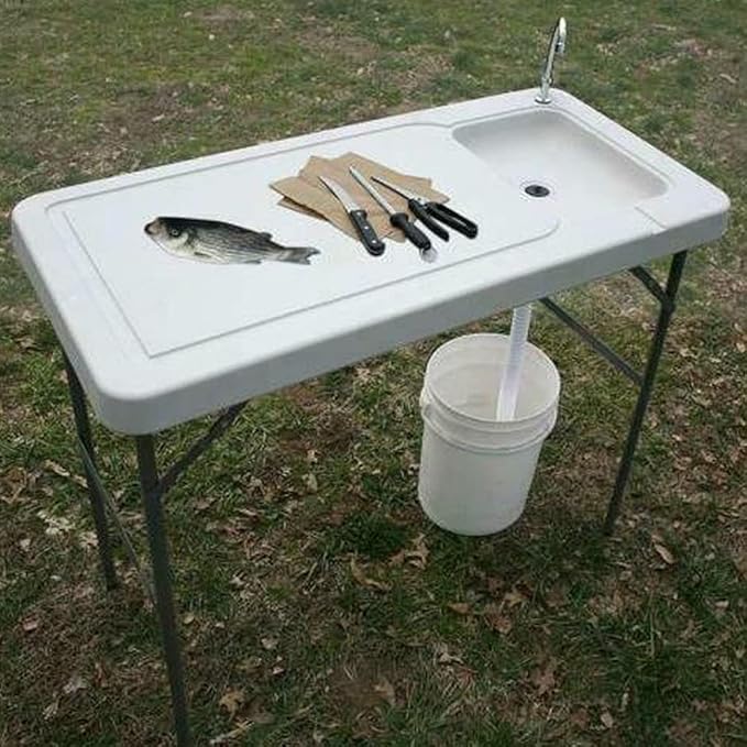 4-Foot Portable Fish Cleaning Table Outdoor Folding Fish Cleaning and Game Table w/Sink Camping Outdoor Folding Table Washing Station for Camping Picnic and Garden