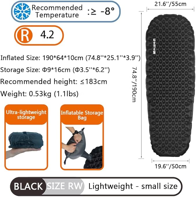 Single Inflatable Sleeping Mat 20D Nylon Lightweight Air Bed for Adults Air Mattress with Storage Bag for Camping Ultralight Backpacking Hiking Traveling &amp Outdoor Activities(Black L)