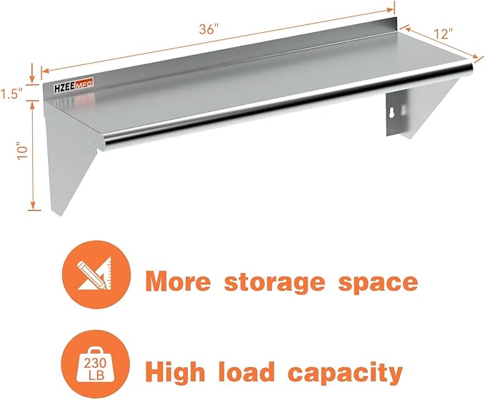 NSF Stainless Steel Wall Mount Shelf 12 x 36 Inches 18 Gauge Metal Floating Shelving with 2 Brackets Rack Shelves for Kitchen Restaurant Laundry RoomLab Gym and Garage