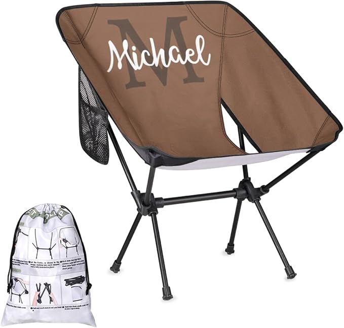 Custom Brown Portable Camping Chair Personalized Backpacking Chair with Name Lightweight Foldable Chairs for Hiking Beach