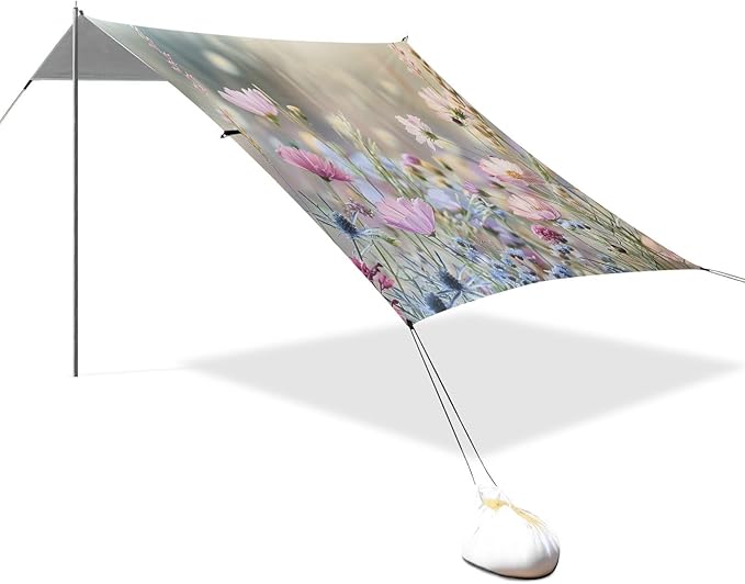 Pastel Color Wildflowers Beach Tent Sun Shelter 9.2' x 10.5' Beach Canopy with 4 Sandbags 4 Stability Poles Sand Shovels - Tent Canopy for Beach Camping Fishing Picnics