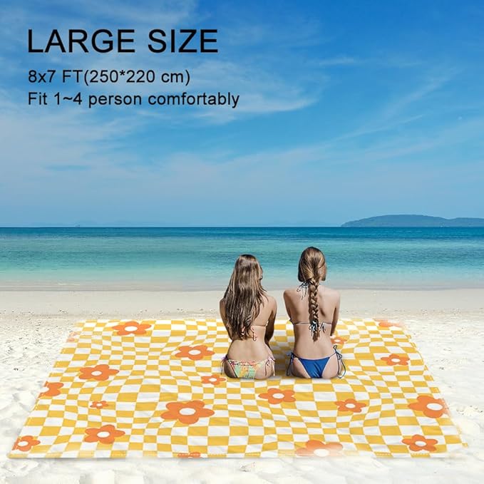 Beach Blanket Waterproof Sandproof Extra Large 8 Ft X 7 Ft for 4 Adults Oversized Sand Free Beach Mat with 4 Corner Pockets and Stakes Portable for Beach Picnic Travel Camping (Orange)