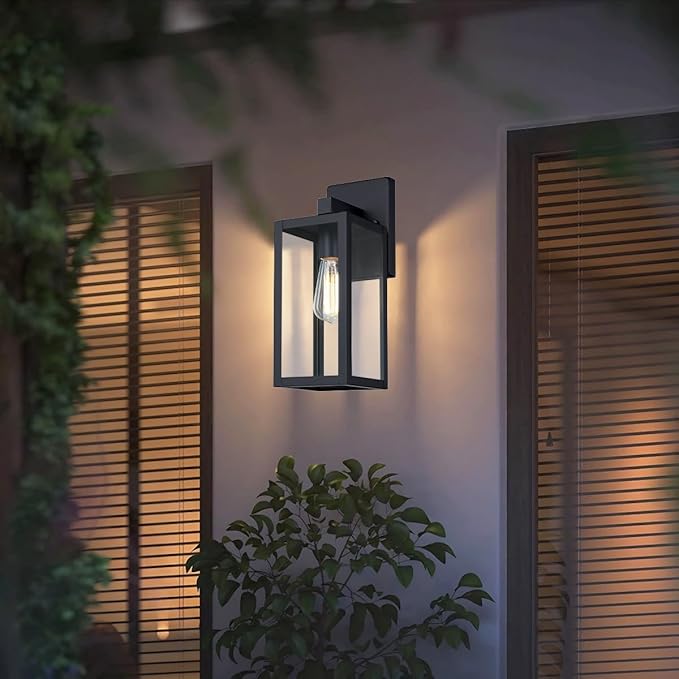 GRUENLICH Waterproof Large Outdoor Wall Lanterns Modern Black Porch Sconces with Clear Glass Shade E26 Socket Max 60W IP65 Rated Metal Frame for Patio Front Door Entryway 2-Pack