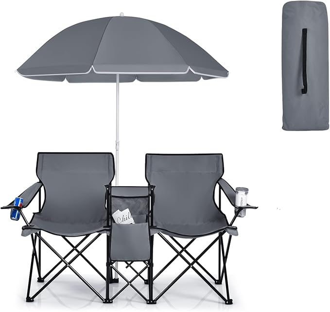 Double Camping Chair 2-Person Portable Beach Chair w/Removable Umbrella Cup Holders &amp Carrying Bag Folding Loveseat Chairs for Adults Outdoor Picnic (Grey)