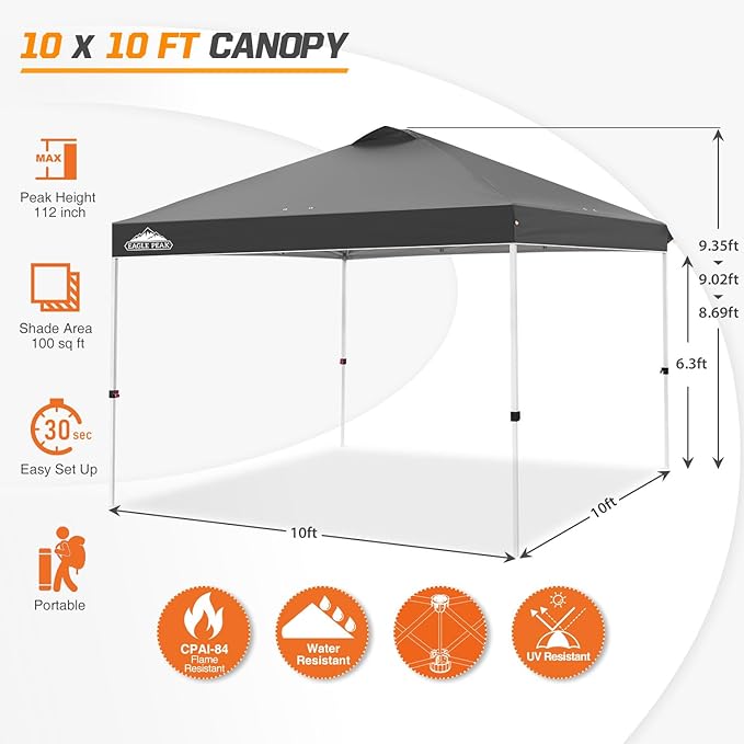 EAGLE PEAK Pop Up Canopy Tent with Wheeled Carry Bag 8 Stakes 4 Ropes 4 Weight Bags Easy Set Up Tent Canopy 10x10 ft 100sqft of Shade Gray