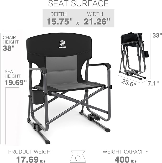 EVER ADVANCED Heavy Duty Rocking Camping Chair Black Supports 400 LBS Quick Set Foldable Portable Outdoor Patio Sports Game Balcony Adult 17 lbs 25 x 25 x 38 inches