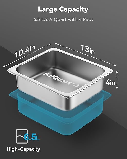 4 Pack Hotel Pans with Lids 1/2 Size 4 Deep Steam Table Pans Stainless Steel Food Pans 22 Gauge Anti Jam 12.8 L x 10.4 W Commercial Food Storage Containers