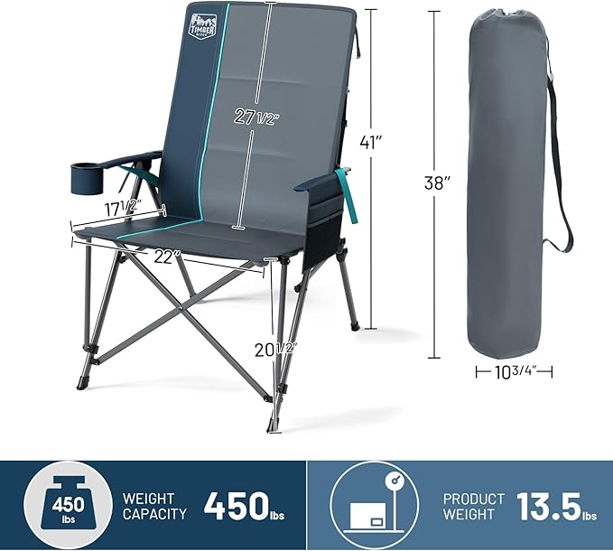 TIMBER RIDGE Oversized Camping Chair with Lumbar Support Portable Folding Chair Heavy Duty for Adults Supports 450 LBS for Outdoor Camping Lawn with High Back Cup Holder Side Pocket Blue