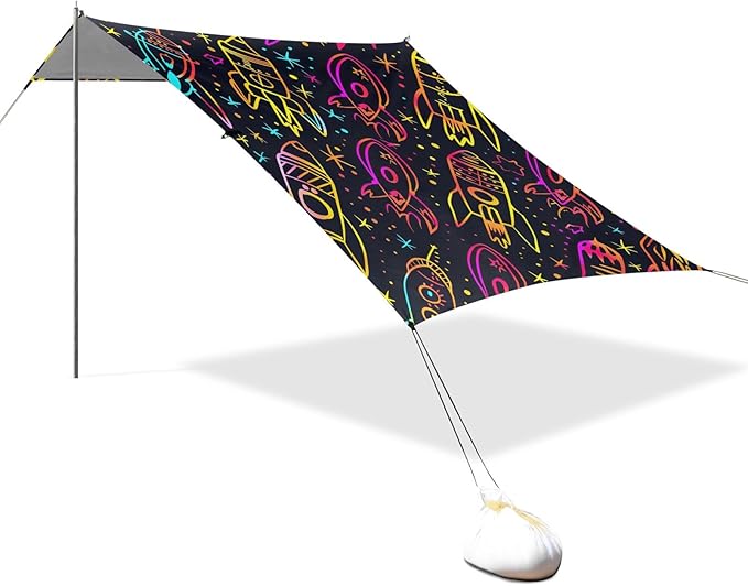 Neon Rocket Star Doodle Camping Sun Shelter Beach Tent Portable Beach Sun Shade Outdoor Canopy for Camping Trips Fishing Picnic
