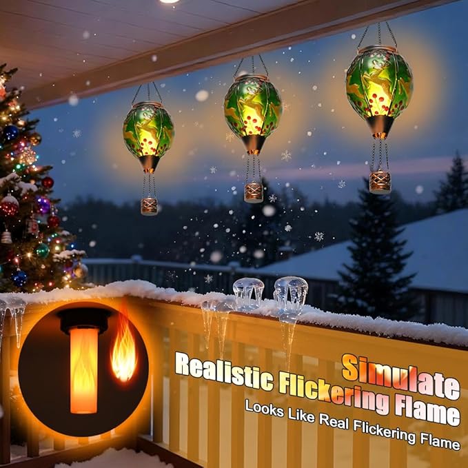 Solar Powered Hot Air Balloon Lantern - Reindeer Glass Lantern Simulated Flickering &amp Dancing Flame Outdoor Hanging Yard Light Waterproof IP65 for Patio Lawn Porch Christmas Decor Gift