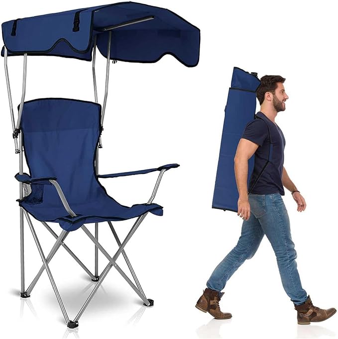 Camping Chair with Canopy Outdoor Folding Lounge Chair with Adjustable UPF 50+ Sun Shade &amp Cup Holder Portable Camping Recliner for Camp Beach Outdoor Sports 350LB Max Support - U.S Spot