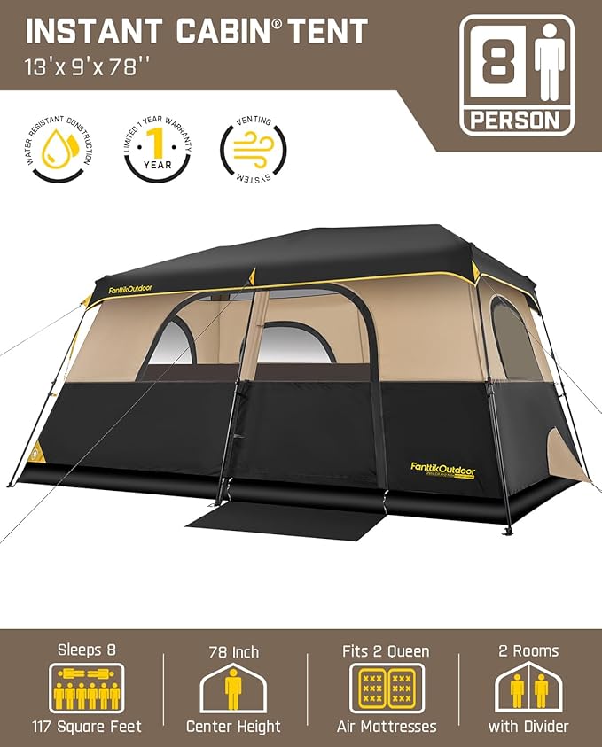 FanttikOutdoor Instant Cabin Tent 6/8/10/12 Person Camping Tent Setup in 60 Seconds with Rainfly &amp Windproof Portable with Carry Bag for Family Camping &amp Hiking Upgraded Ventilation Khaki