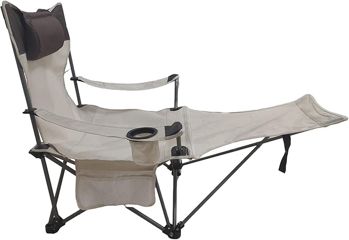 Folding Camping Chairs Portable Beach Chairs with Foot Rest Adjustable Recliner Chairs with Side Pockets &amp Cup Holder for Camping Picnics Fishing Beaches Barbecuesand (Beige)