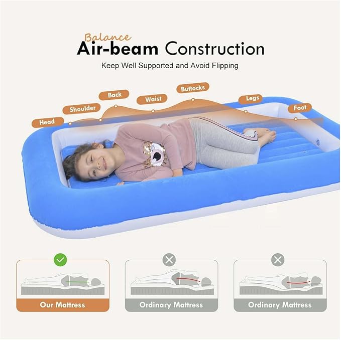 Travel Air Mattress Inflatable Bed with Raised Sides Blue - Portable Camping Airbed for Sleepovers Guests Travel - 60 x 35 x 7 Inch