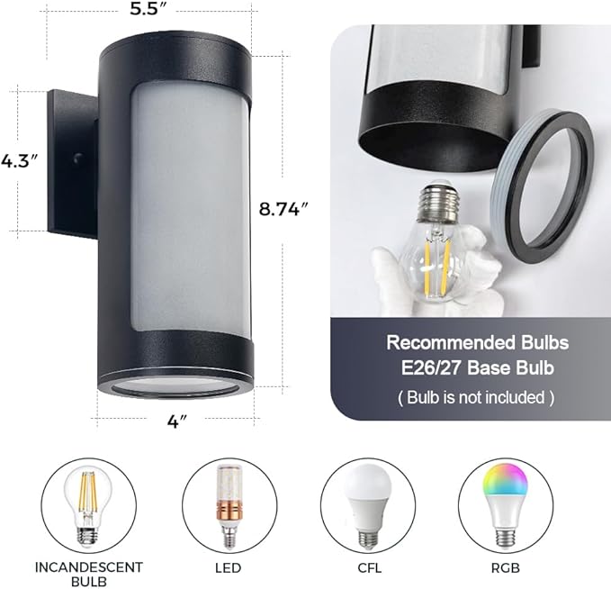 Cerdeco Black Outdoor Wall LightsCylinder Stainless Steel Porch Light with Frosted GlassModern Outdoor Wall Sconces2 Pack