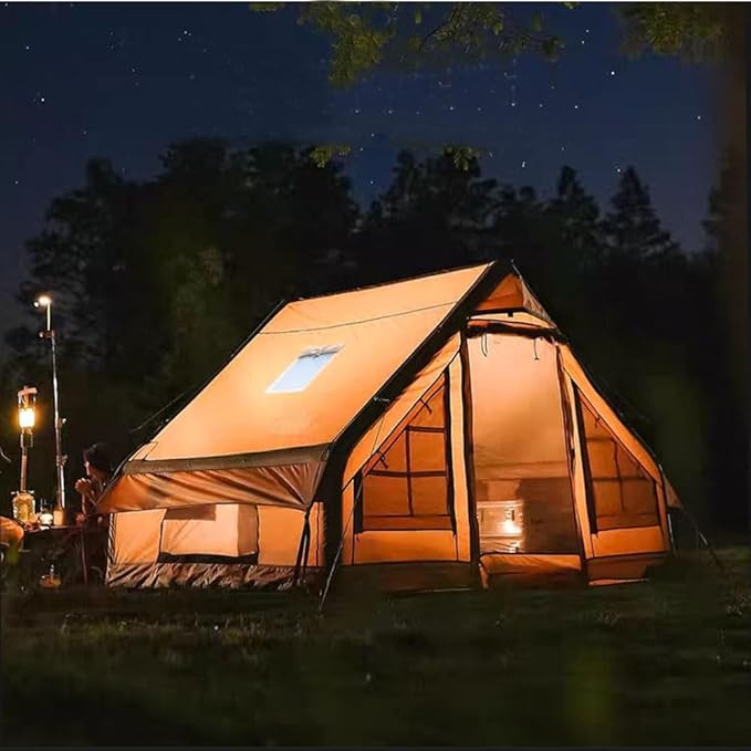 Outdoor Inflatable Camping Deluxe Tent 6.3 Flat Inflatable House Oxford Cloth Tent for 1-6 People Double Door Inflatable Pump with Chimney Window Travel Sun Protection Waterproof Windproof Camping